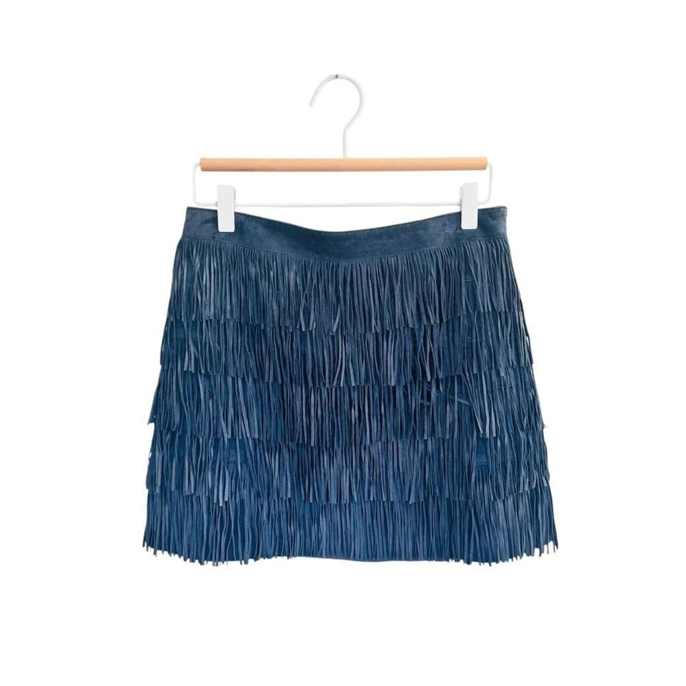 Michael Kors navy blue genuine leather Fringe Skirt EUC